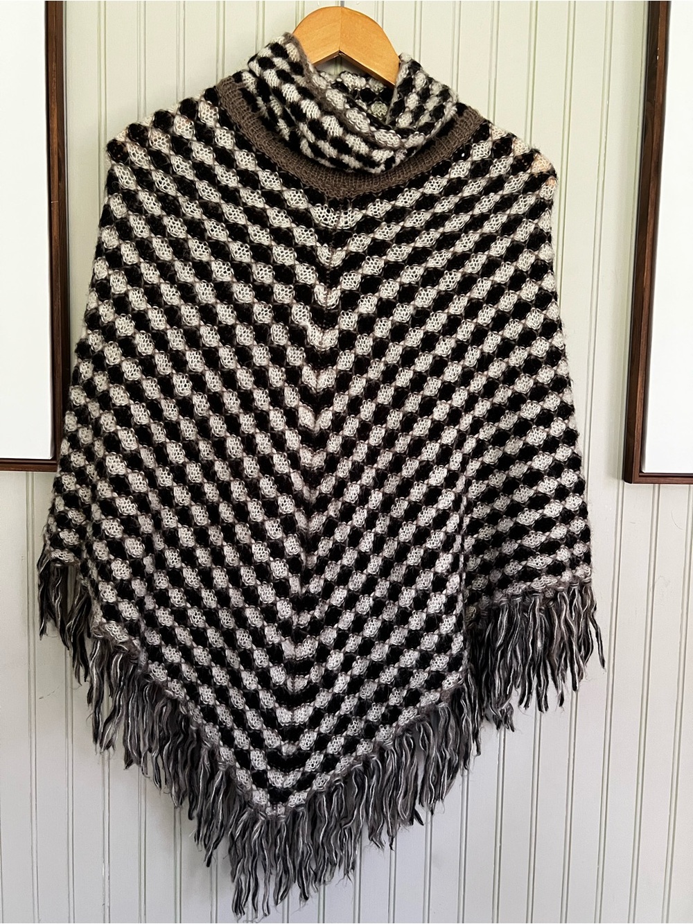 Big Buddha Checkered Brown Knit Funnel Neck Poncho with Fringe